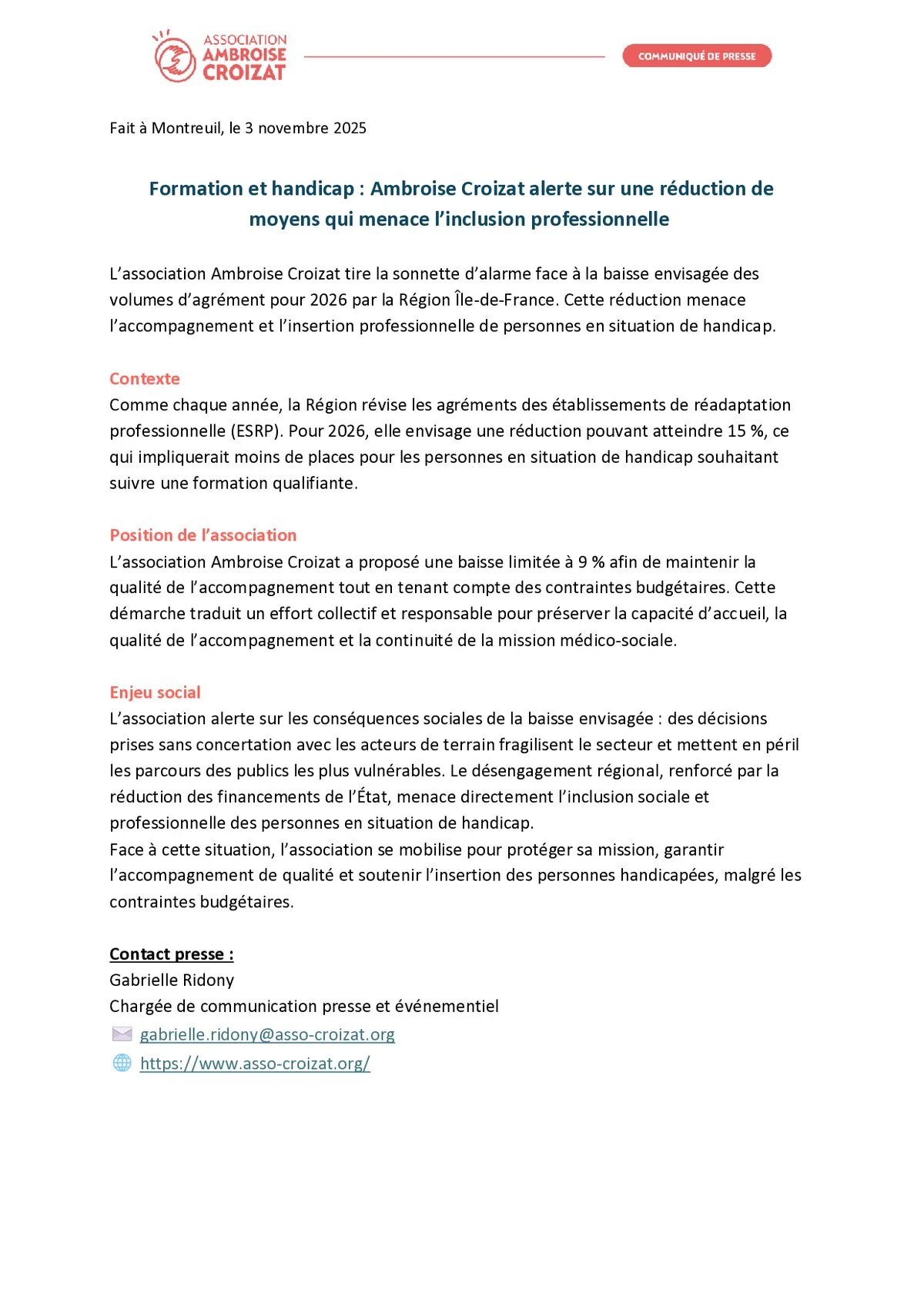 Formation et handicap : Ambroise Croizat alerte sur un recul des moyens qui menace l’inclusion