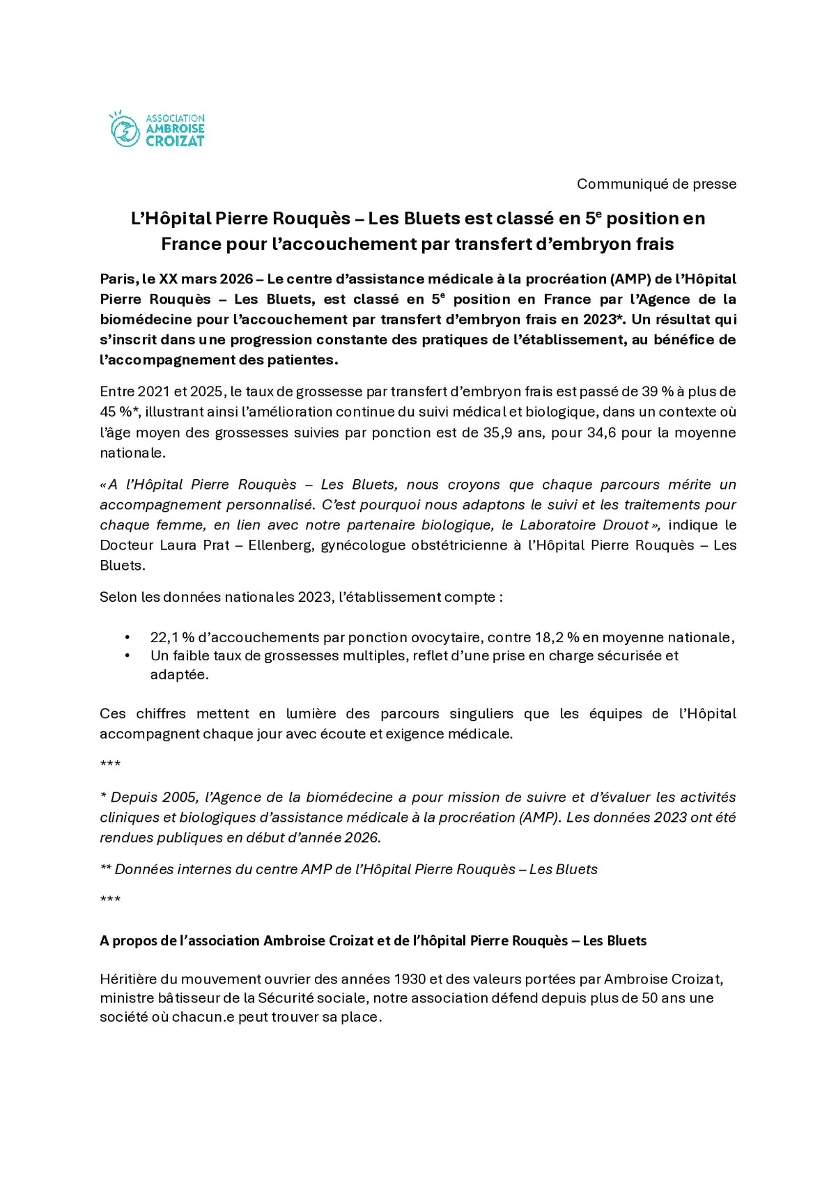 Les Bluets, 5e en France pour l’accouchement par transfert d’embryon frais