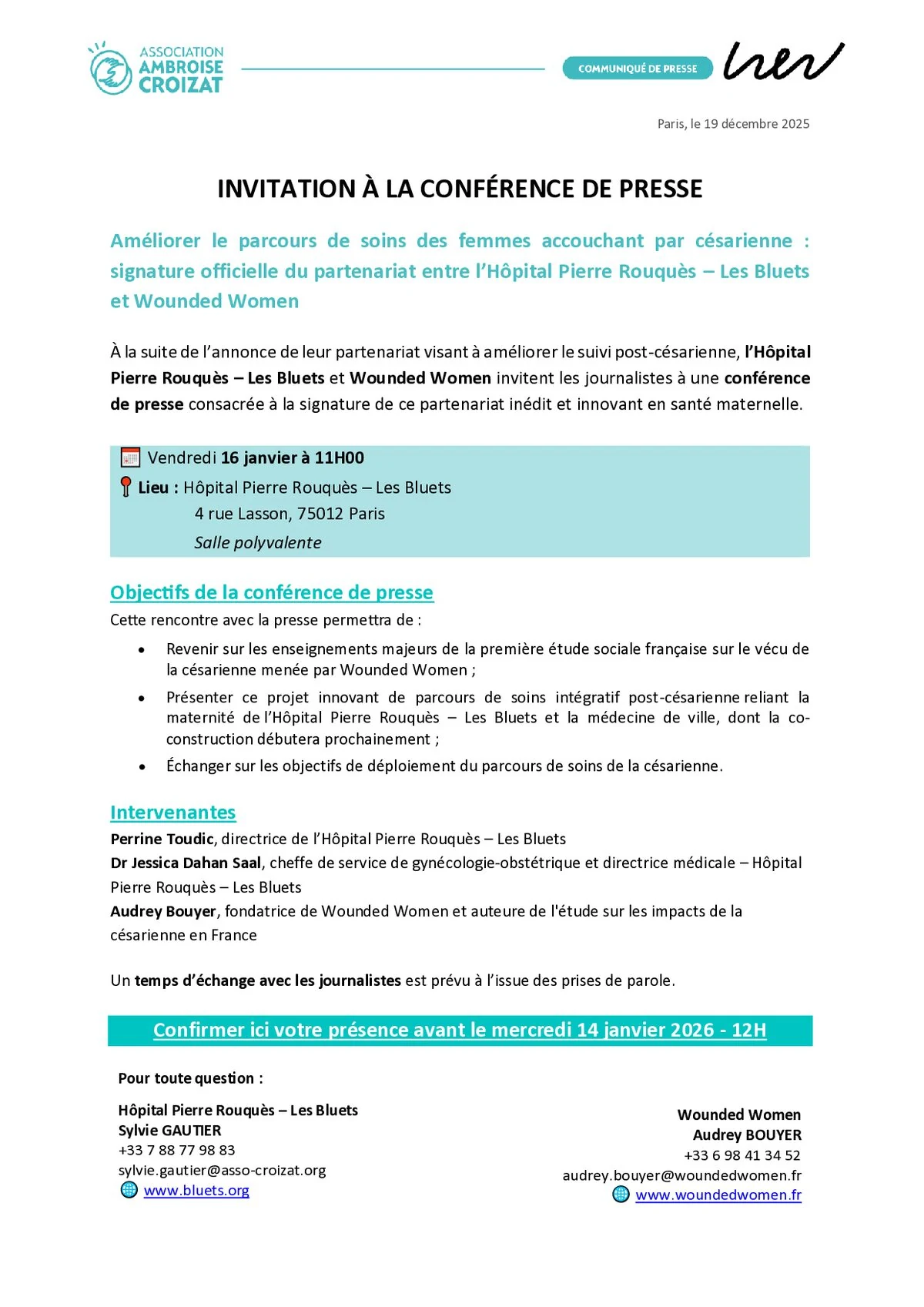 Signature du partenariat Les Bluets – Wounded Women pour le parcours des femmes césarisées