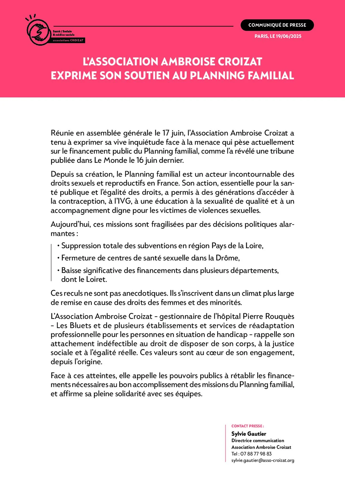 L’association Ambroise Croizat exprime son soutien au Planning familial